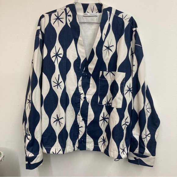 Zara Other - Men’s Zara Lightweight Sports Coat Loose Fit Blue And Cream abstract stars